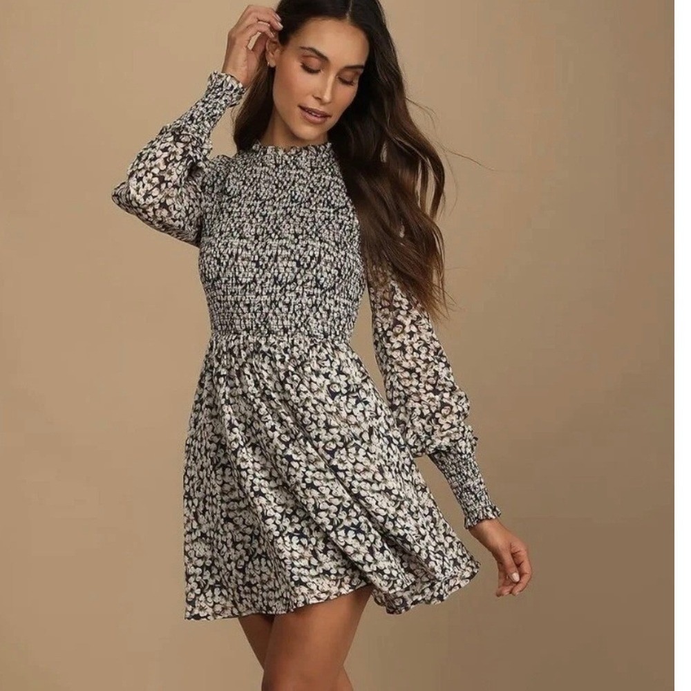 Lulus XL Navy Blue Floral Smocked Mock Neck Long Sleeve Mini Dress